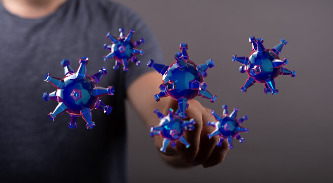Abstract conceptual image depicting interaction with viruses, representing health, disease, and medical concer