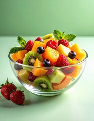 A vibrant bowl of fresh fruit, featuring a mix of berries, melon, and kiwi, garnished with mint leaves.