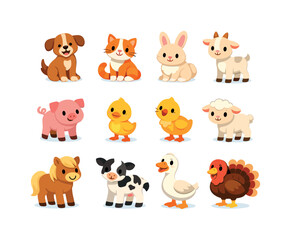 Fototapeta premium Colorful Farm Pets. Farm Pets. Colorful flat vector icons set of Farm Pets: friendly dog, cuddly cat, fluffy rabbit, gentle goat kid, playful piglet, curious