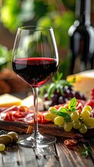 A vibrant glass of red wine surrounded by assorted cheeses, grapes, and charcuterie, perfect for a cozy gathering.