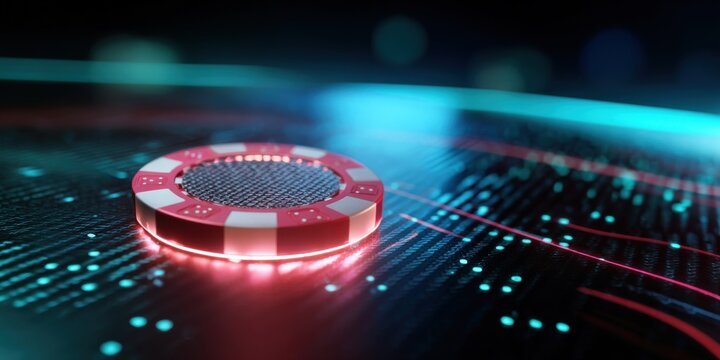 Illuminated poker chip on digital surface with neon glow