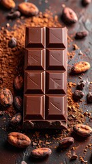 Delicious chocolate bar surrounded by cocoa beans and powder, showcasing rich textures and indulgent flavors for a sweet treat.