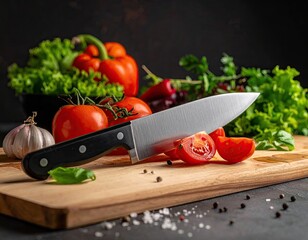 Fresh vegetables and herbs arranged on a wooden cutting board with a sharp knife, perfect for culinary preparations.