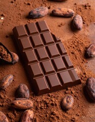 Delicious chocolate bar surrounded by cocoa beans and powder, perfect for showcasing indulgence and dessert delights.