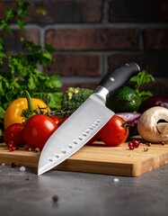 A sharp kitchen knife placed on a wooden cutting board with fresh vegetables, ideal for culinary art and cooking enthusiasts.
