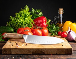 A vibrant assortment of fresh vegetables on a wooden cutting board, highlighting a sharp kitchen knife ready for meal preparation.