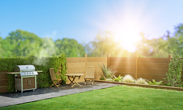 simple beautiful backyard with seating and lush greenery, patio area with green lawn and bbq grill blurred background