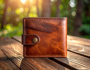 Stylish leather wallet placed on a wooden table surrounded by nature, showcasing craftsmanship and elegance in design.