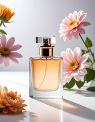 Elegant perfume bottle surrounded by vibrant flowers, capturing the essence of beauty and luxury in a fresh, floral atmosphere.