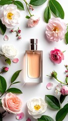 Elegant perfume bottle surrounded by delicate roses and greenery, showcasing beauty and fragrance in a visually stunning arrangement.