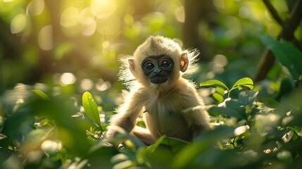 Playful Baby Monkey Sitting on Green Leaves in Sunlit Tropical Forest