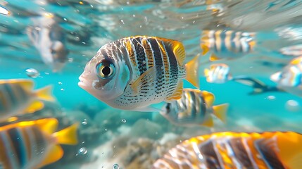 Colorful Underwater Scene with Tropical Fish Swimming in Crystal Clear Ocean Water Amidst Coral Reefs and Sunlight Rays