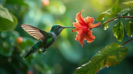 Vibrant Hummingbird Approaching Bright Orange Flower Amidst Lush Greenery Under Soft Natural Light