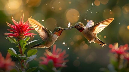 Two Colorful Hummingbirds in Mid-Flight Near Vibrant Red Flowers Creating a Magical Nature Scene with Bokeh Effect