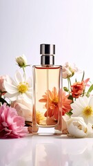 A beautiful perfume bottle surrounded by vibrant flowers, symbolizing elegance and floral essence in a stylish setting.