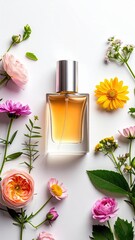 A beautifully arranged perfume bottle surrounded by colorful flowers, perfect for showcasing elegance and fragrance.