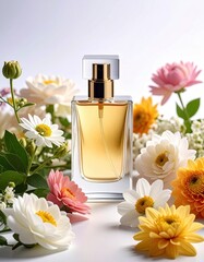 Elegant perfume bottle surrounded by colorful flowers, showcasing beauty and luxury in a fresh and vibrant setting.