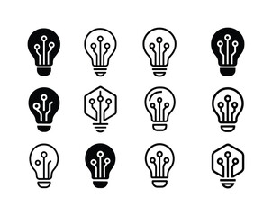 Innovation Icons Grid. Tech startups. Icon set. Set Logo of tech startups: innovation lightbulb. harmonious logo variations of the same emblematic concept,