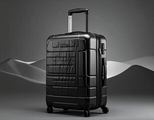 A sleek black suitcase with a modern design, perfect for travel and adventures, showcased against a minimalist background.