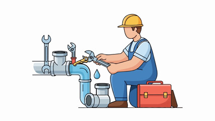 A plumber in a hard hat repairs pipes with wrenches, a toolbox nearby