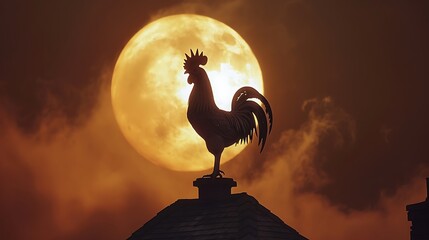 Silhouette of Rooster Weathervane Against Full Moon in Dramatic Twilight Sky