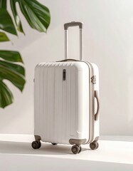 Stylish white suitcase positioned against a minimalistic backdrop with green foliage, ideal for showcasing travel essentials.