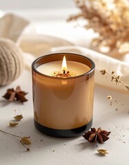 A warm, glowing candle surrounded by dried flowers and spices, creating a cozy and inviting atmosphere for relaxation.