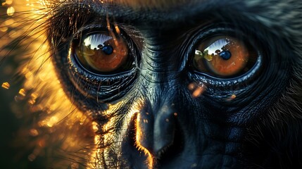Close-up Portrait of a Primate with Intense Eyes Captivating Light Reflection in a Natural Environment