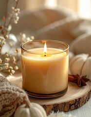A serene candle glowing softly among autumn decorations, creating a cozy and inviting atmosphere perfect for relaxation.