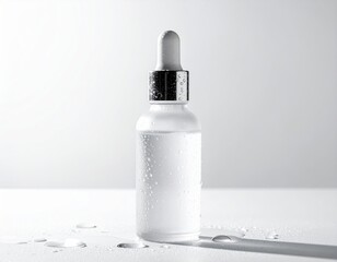 A clear dropper bottle filled with liquid, showcasing droplets on a clean surface, perfect for skincare or herbal essence.