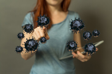 A person interacts with a digital representation of the virus, depicting scientific concepts, digital age, and