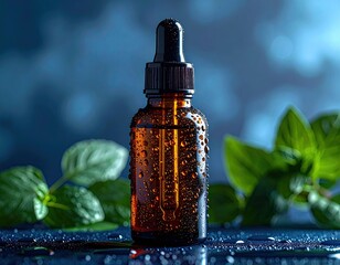 A close-up of a dropper bottle with herbal liquid, surrounded by fresh mint leaves, conveying freshness and natural essence.
