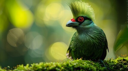 Vibrant Green Bird with Striking Red Eyes and Unique Crest in Lush Green Environment Perfect for Nature Photography