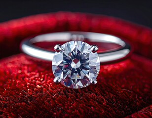 An exquisite diamond ring with a brilliant cut sits elegantly on a plush red velvet background, symbolizing love and commitment.