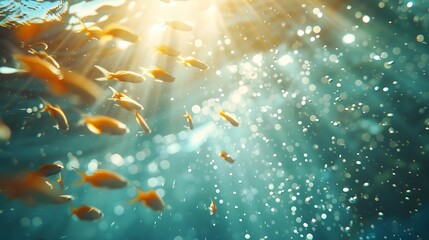 Underwater Scene Featuring Schools of Colorful Fish Swimming in Sunlit Blue Waters with Sparkling Bokeh Effect