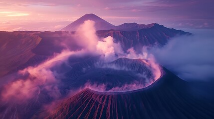 Majestic Volcano Landscape at Sunrise with Dramatic Clouds and Mist in Ethereal Pink and Purple Hues