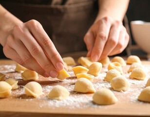 Close Up Of Hands Shaping Fresh Homemade Pasta Dough On A Wooden Board With Flour