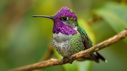 Vibrant Hummingbird Perched on Branch with Stunning Iridescent Plumage and Colorful Head Feathers in Natural Habitat