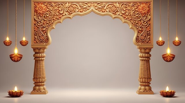 Ornate wooden archway with lit diyas creates a festive backdrop. Suitable for diwali or indian cultural themed designs.