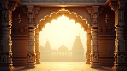 Beautiful ornate archway framing hindu temples in golden morning light, perfect for travel brochures, religiousthemed projects, and cultural websites.