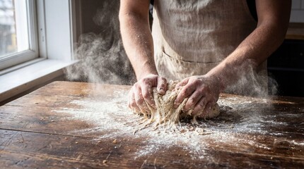 Baker hands deep in messy flour and sourdough starter on a rustic wooden work surface.