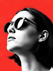 Monochromatic Woman in Round Sunglasses Looking Up on Red Background