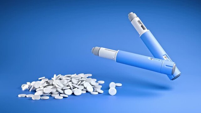 Weight loss pills now available: Two dosing pens  for subcutaneous injection of antidiabetic or anti-obesity medication hovering over a blue background and some pills of GLP-1 falling down onto a heap