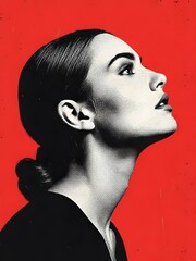 Elegant Woman Looking Up Against Bold Red Background
