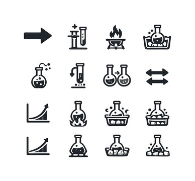 Chemical Reaction Icons. Chemical reactions. Solid icon set of Chemical reactions: reaction arrow, catalyst icon, heat flame, cooling bath, reaction vessel,