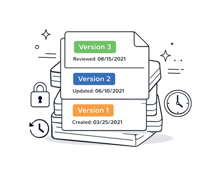 Document Organization Illustration. Compliance and version control. Stacked documents with labels and timestamps. Accuracy and traceability, minimal lock and