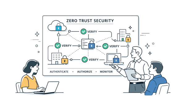 Zero Trust Diagram. Zero trust security architecture. IT team reviewing a secure network diagram with locked nodes and verified connections, emphasizing trust