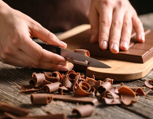 Close-up Of Hands Shaving A Bar Of Dark Chocolate With A Knife Onto A Wooden Cutting Board Creating Curls Of Chocolate