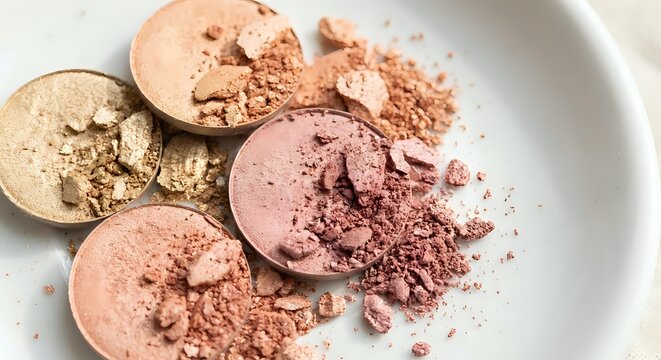 Crushed makeup powder compacts in neutral tones scattered on white surface. Beauty cosmetics foundation eyeshadow blush broken damaged spilled mess.