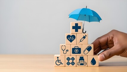 Medical Health Insurance Concept with Blue Umbrella and Wooden Blocks
